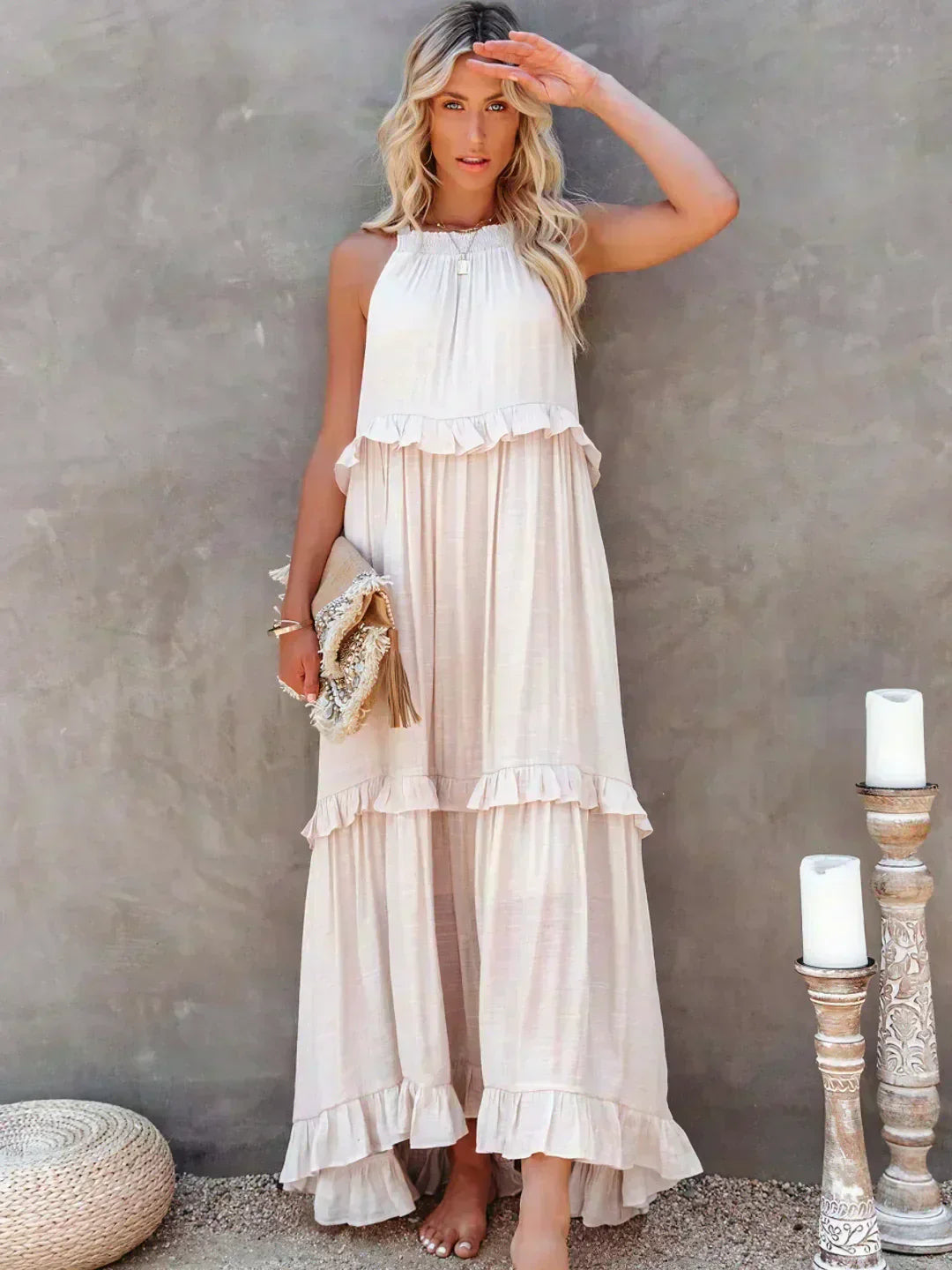 Dames Elegante Mouwloze Ruches Maxi Zomerjurk
