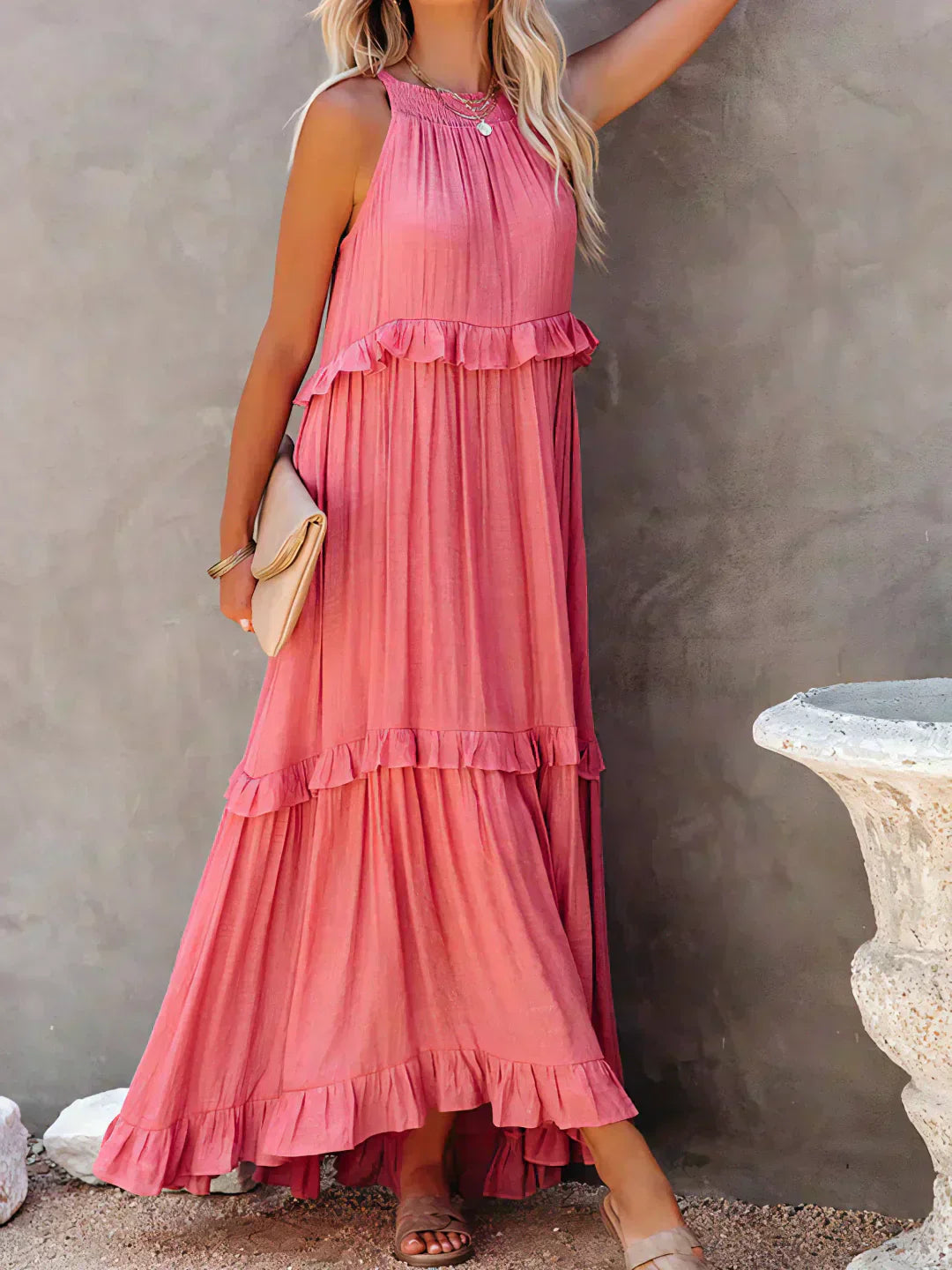 Dames Elegante Mouwloze Ruches Maxi Zomerjurk