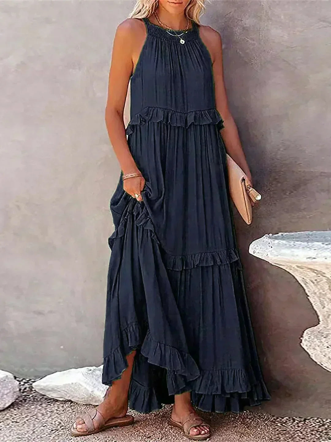 Dames Elegante Mouwloze Ruches Maxi Zomerjurk