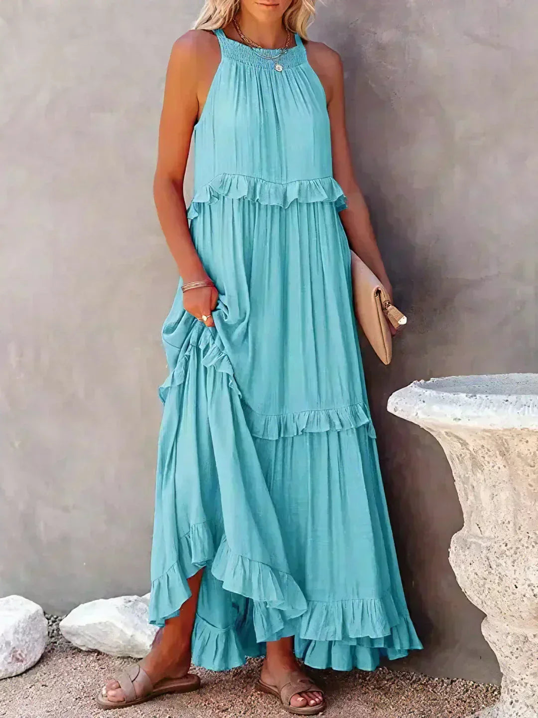 Dames Elegante Mouwloze Ruches Maxi Zomerjurk