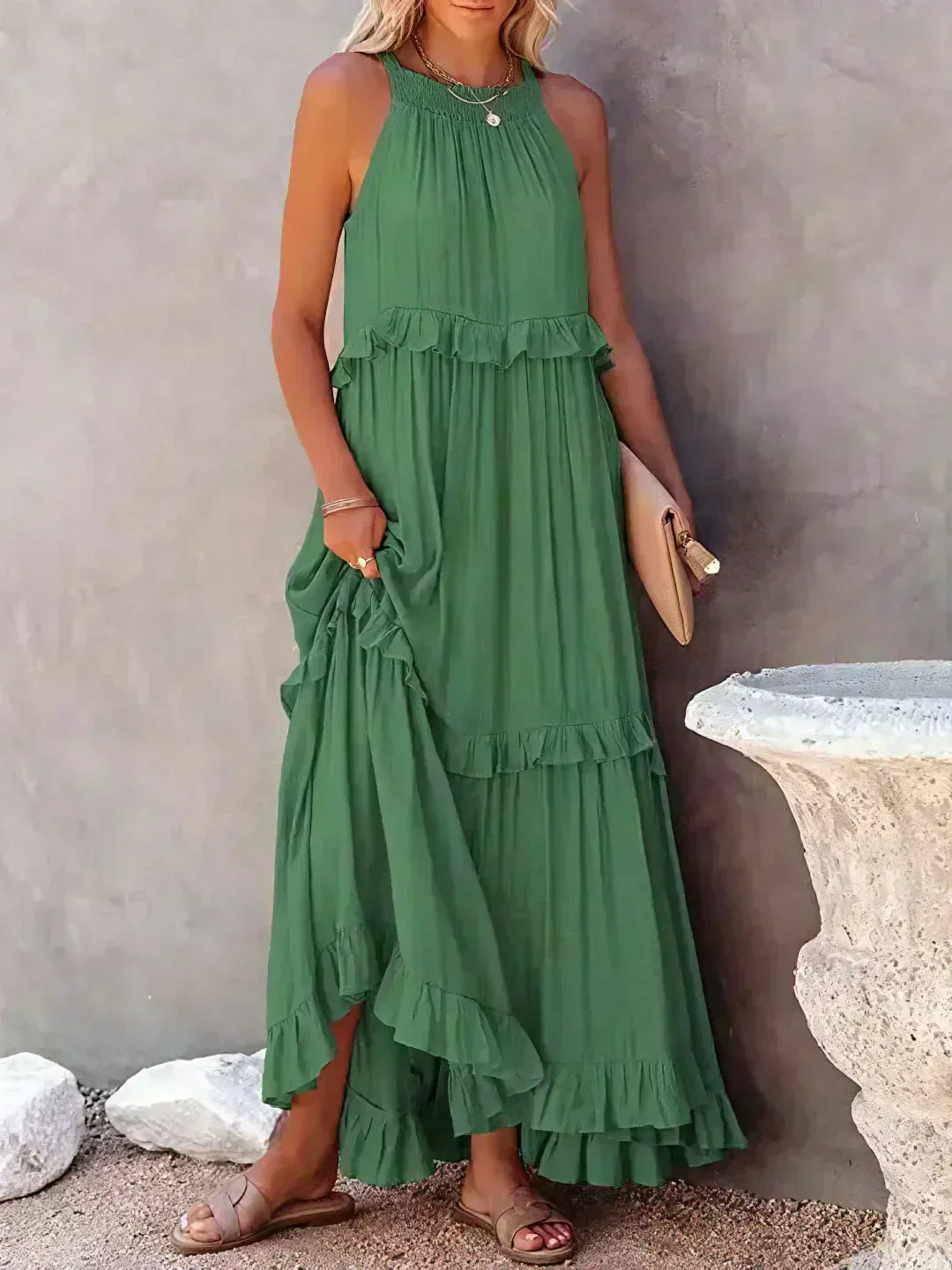 Dames Elegante Mouwloze Ruches Maxi Zomerjurk