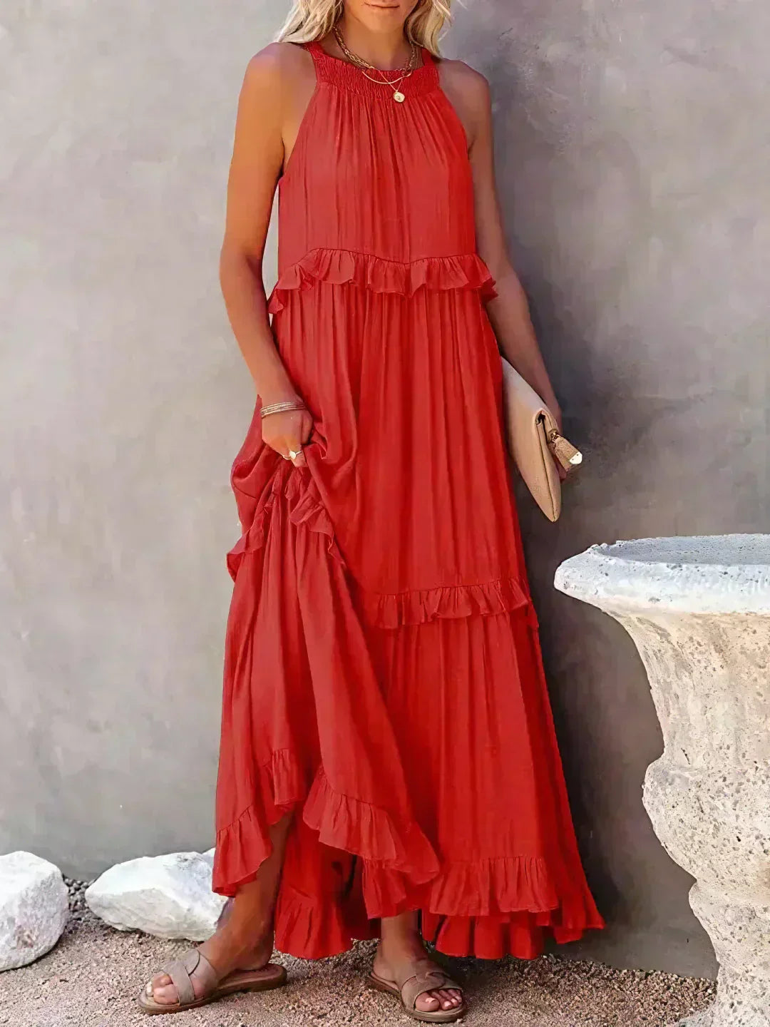 Dames Elegante Mouwloze Ruches Maxi Zomerjurk