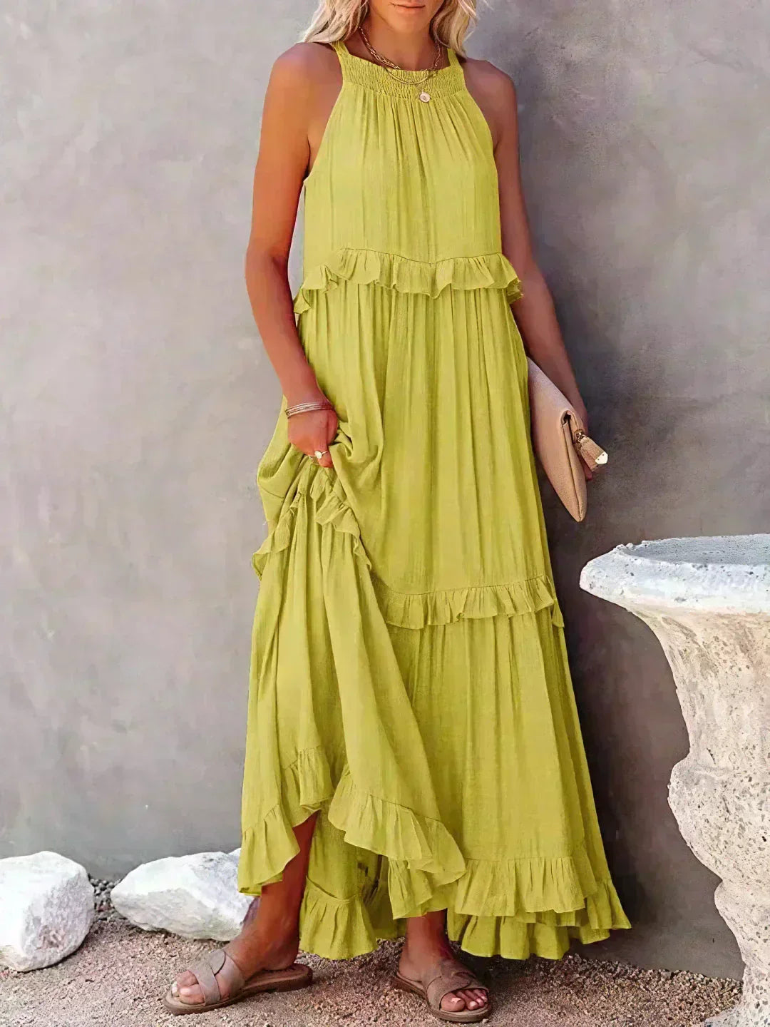 Dames Elegante Mouwloze Ruches Maxi Zomerjurk
