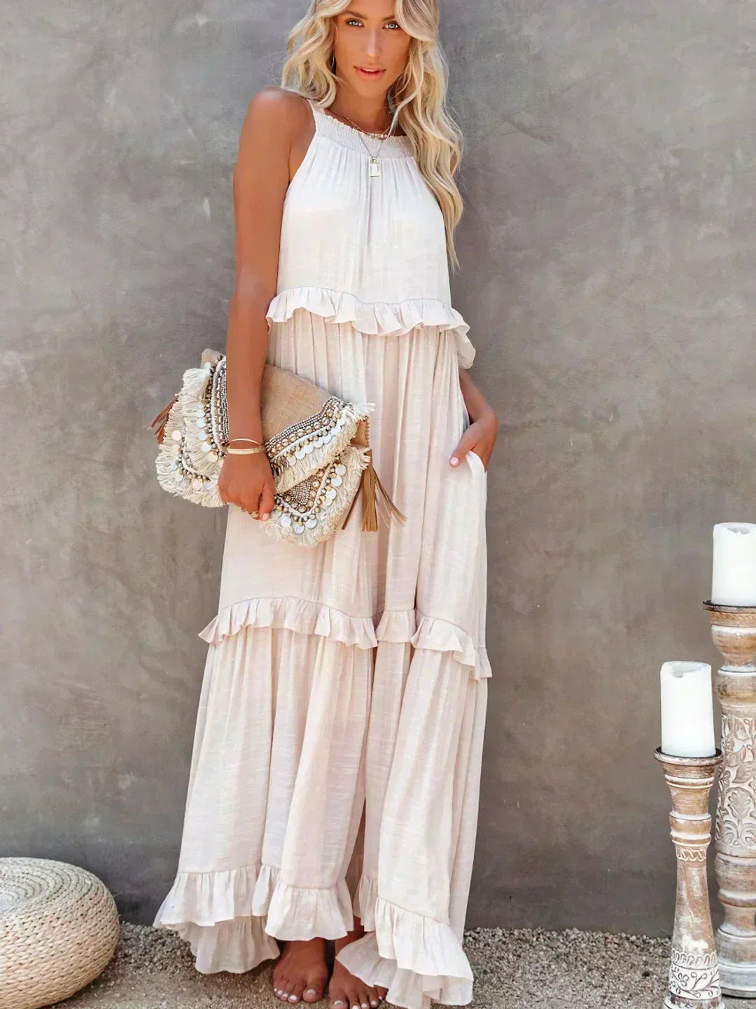 Dames Elegante Mouwloze Ruches Maxi Zomerjurk