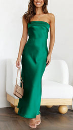 Dames Elegante Off Shoulder Satijnen Maxi Jurk