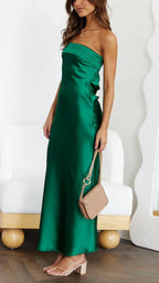 Dames Elegante Off Shoulder Satijnen Maxi Jurk