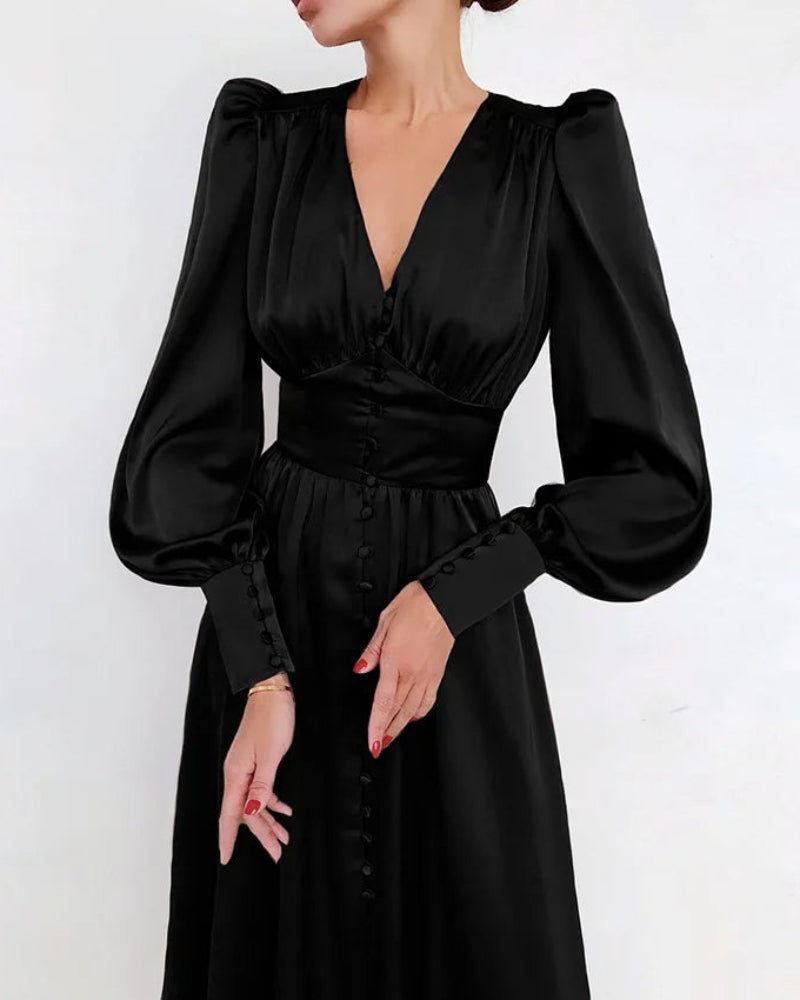 Dames Elegante Satijnen Maxi Jurk Met V-Hals