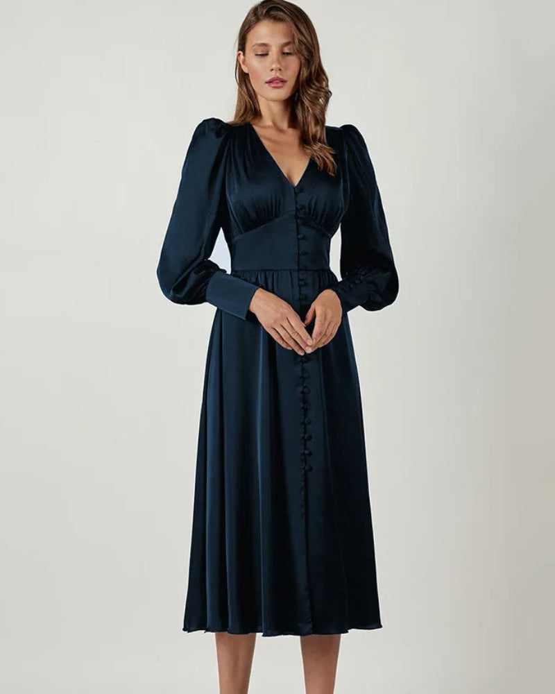 Dames Elegante Satijnen Maxi Jurk Met V-Hals