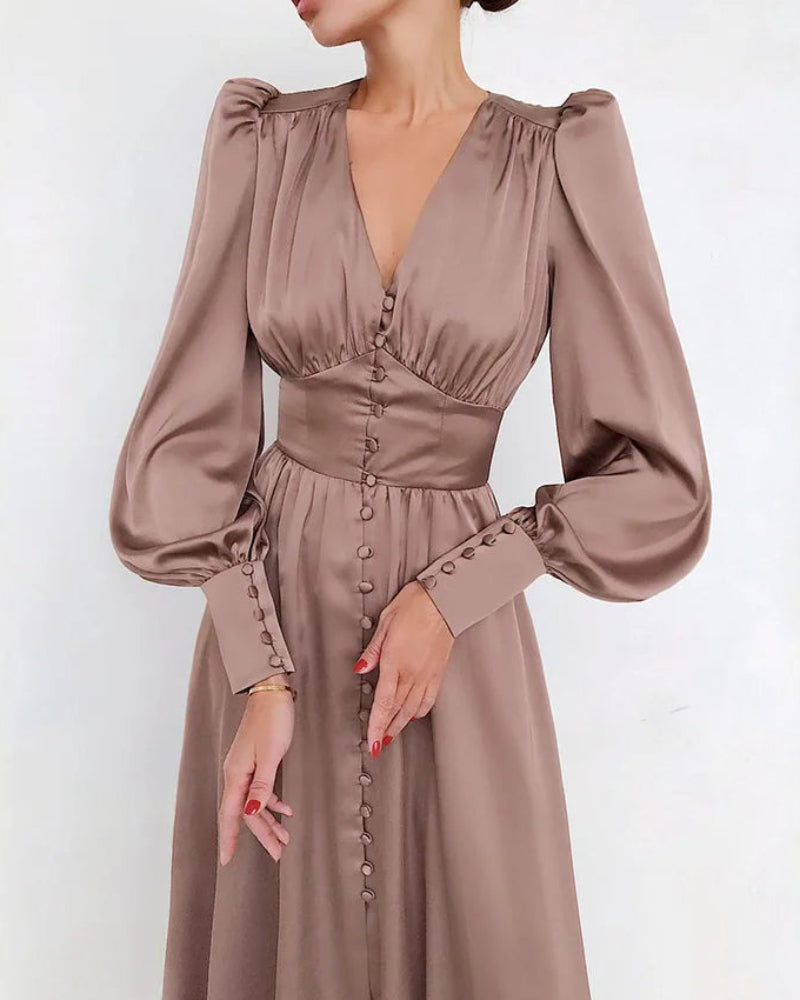 Dames Elegante Satijnen Maxi Jurk Met V-Hals
