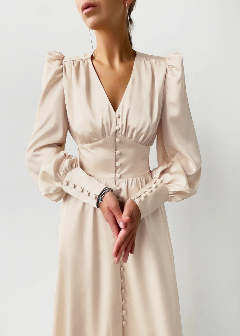 Dames Elegante Satijnen Maxi Jurk Met V-Hals