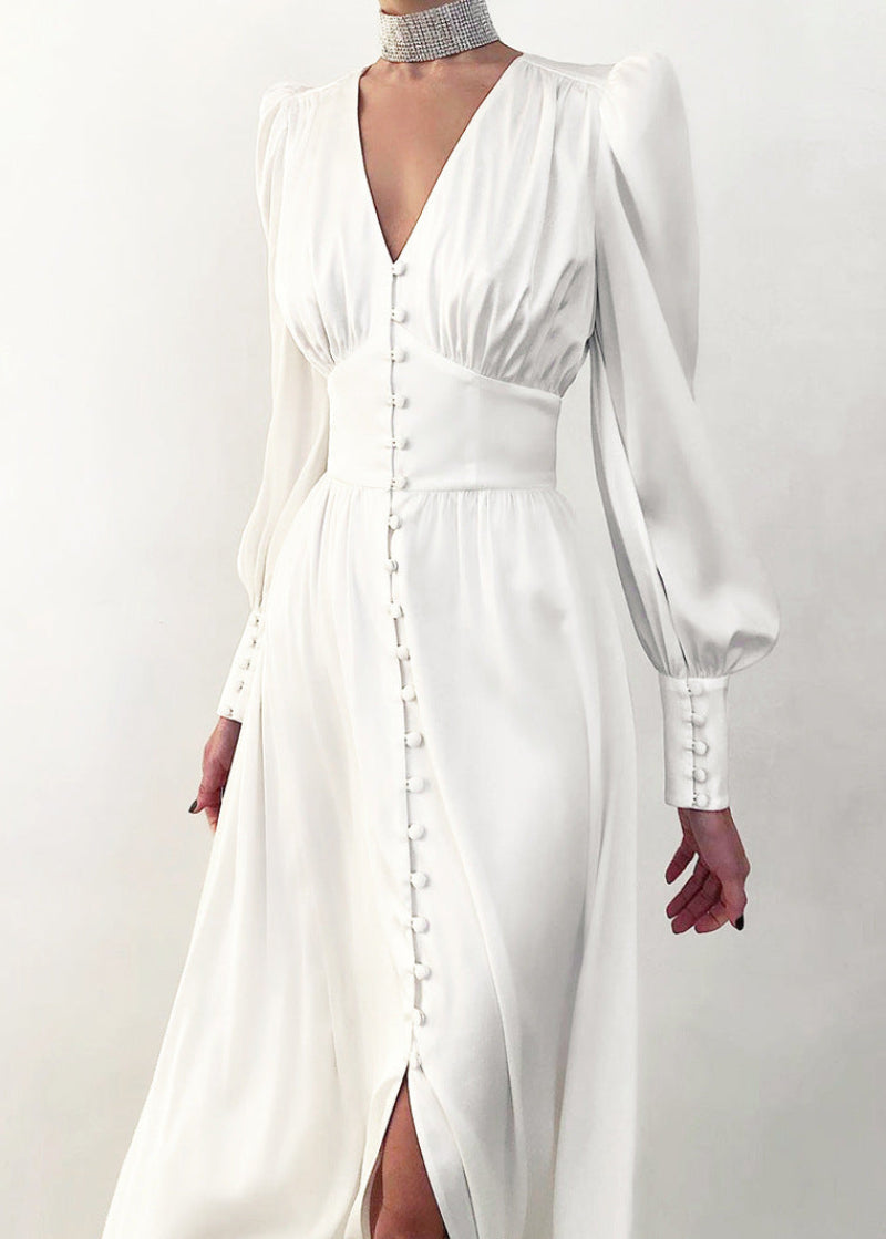 Dames Elegante Satijnen Maxi Jurk Met V-Hals
