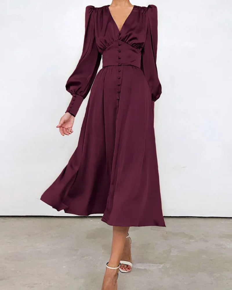 Dames Elegante Satijnen Maxi Jurk Met V-Hals