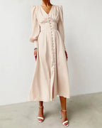 Dames Elegante Satijnen Maxi Jurk Met V-Hals
