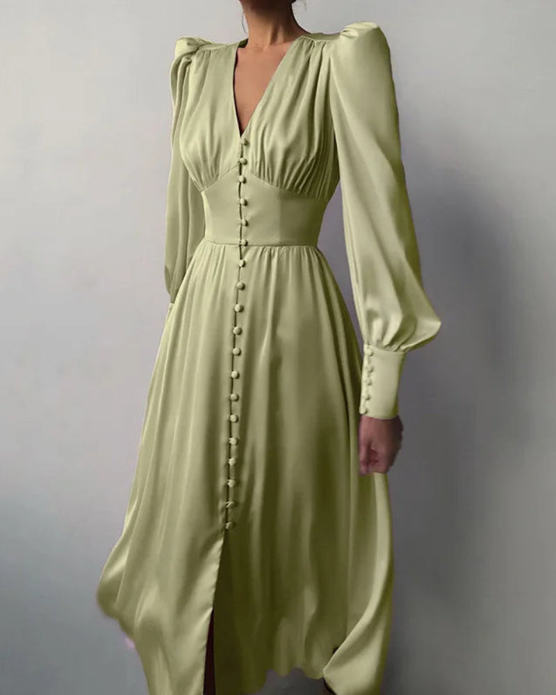 Dames Elegante Satijnen Maxi Jurk Met V-Hals