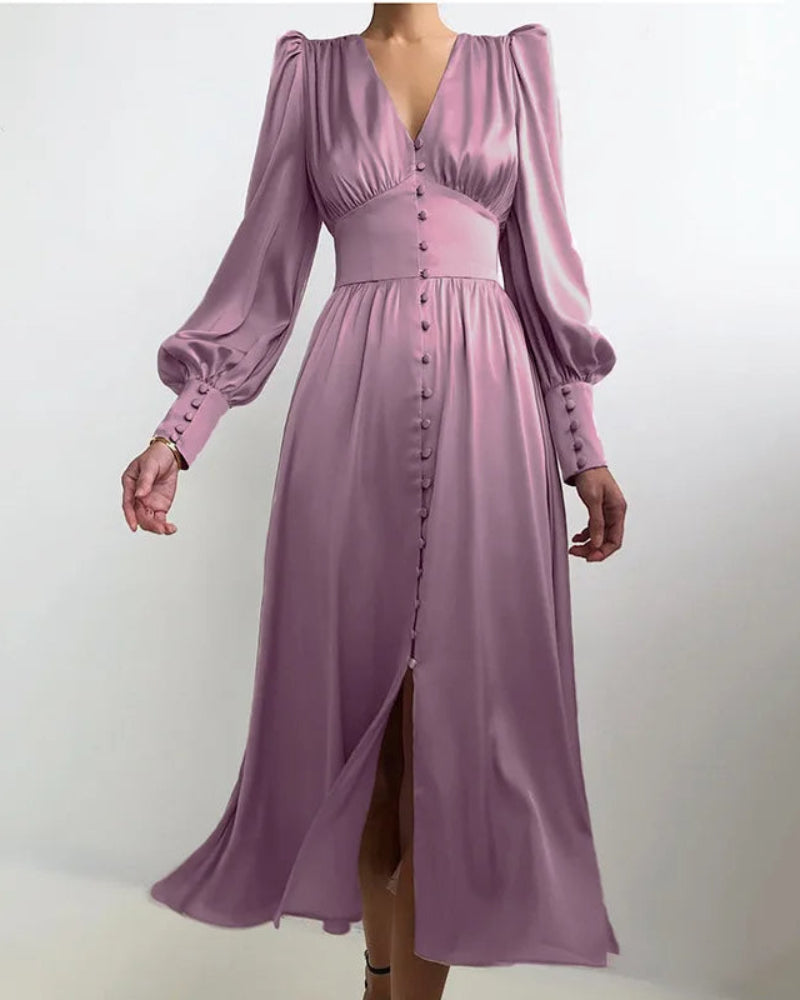 Dames Elegante Satijnen Maxi Jurk Met V-Hals