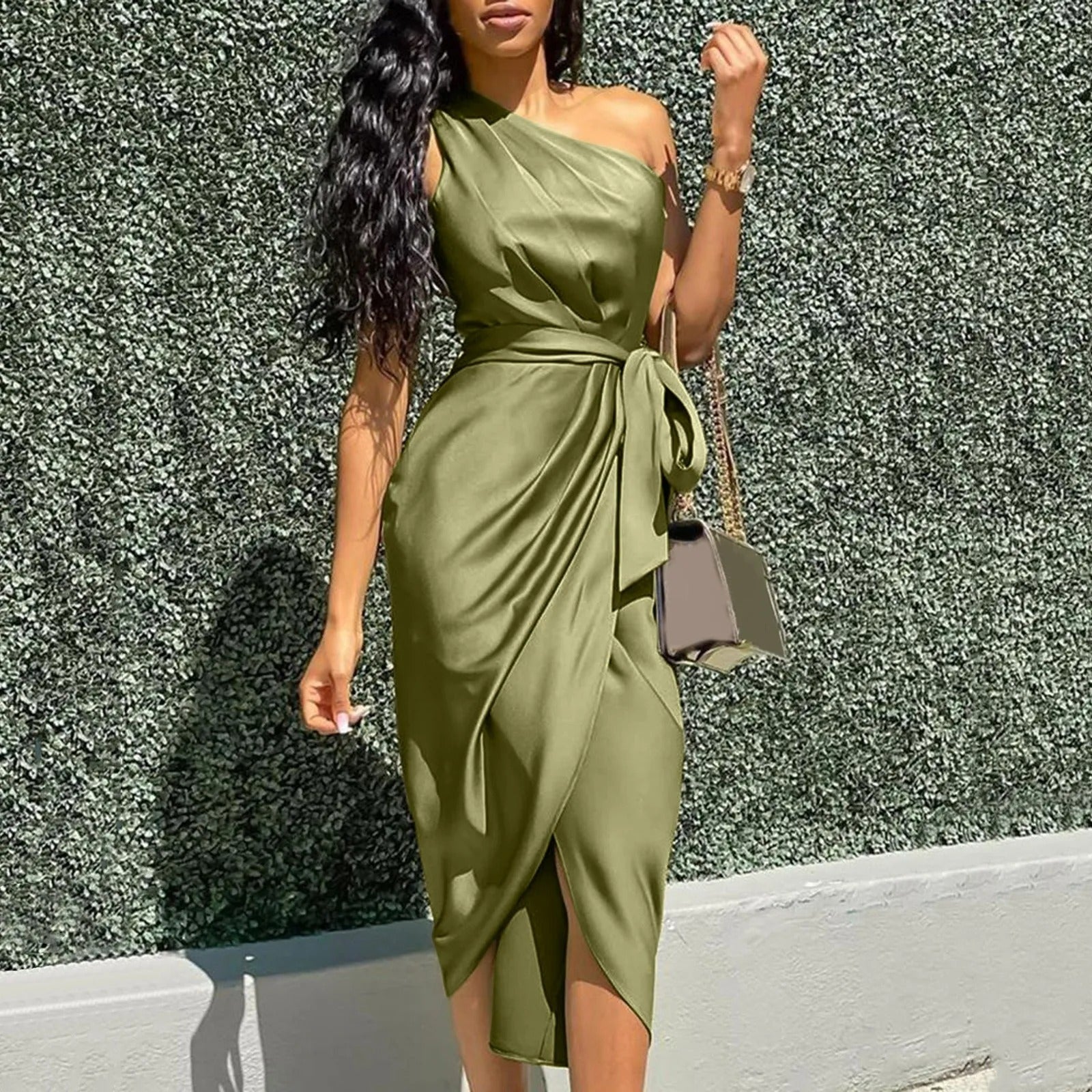 Dames Elegante Satijnen One-Shoulder Maxi Jurk
