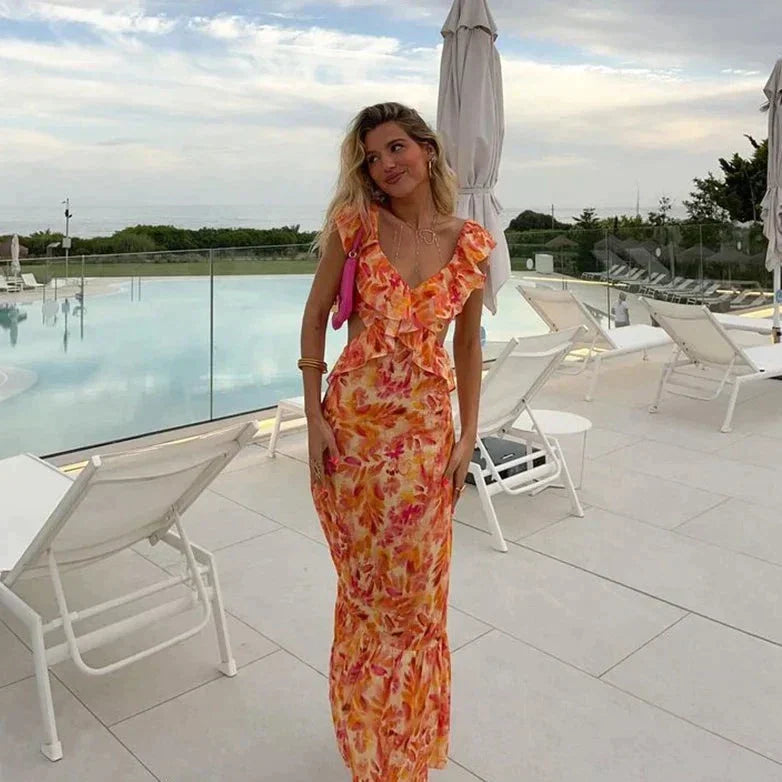 Dames Zomerse Ruches Maxi-Jurk Met Bloemenprint