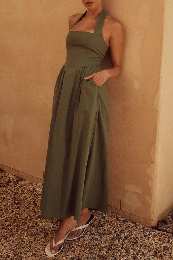 Dames Maxi Mouwloze Halterjurk Met Plooizakken