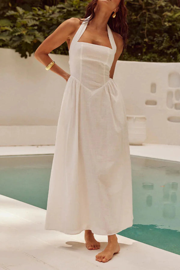 Dames Maxi Mouwloze Halterjurk Met Plooizakken